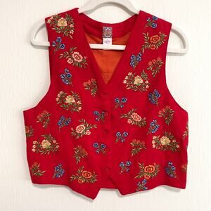 Vintage Oilily Womens Wool Vest M Red Embroidered Floral Cottagecore Boho Artsy